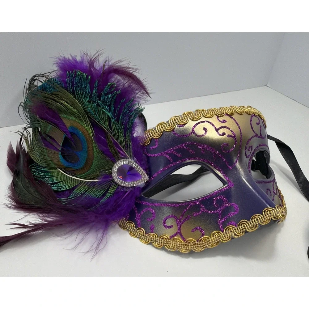 Purple and Gold Venetian-style masquerade mask adorned with peacock feathers